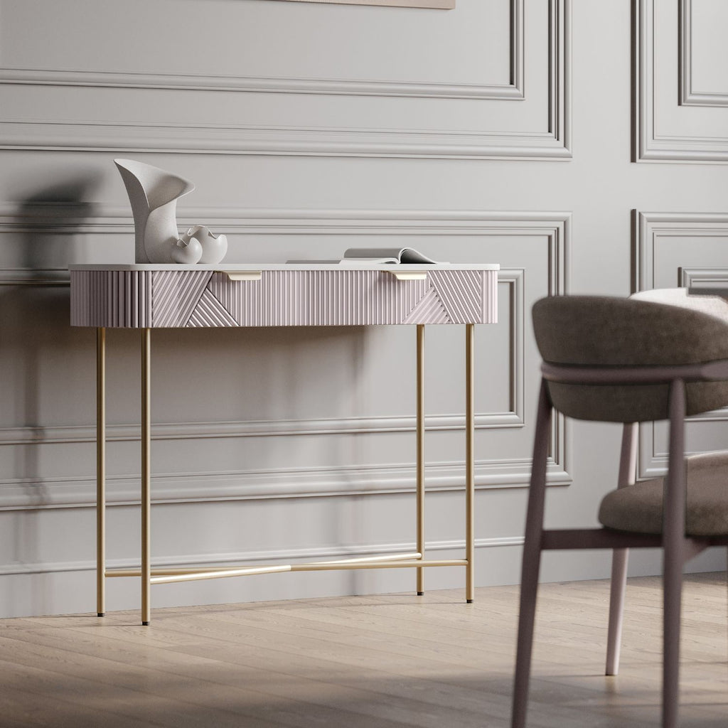 White Marble and Mango Wood 2 Drawer Console Table with Gold Metal Frame - Home Furniture Interiors