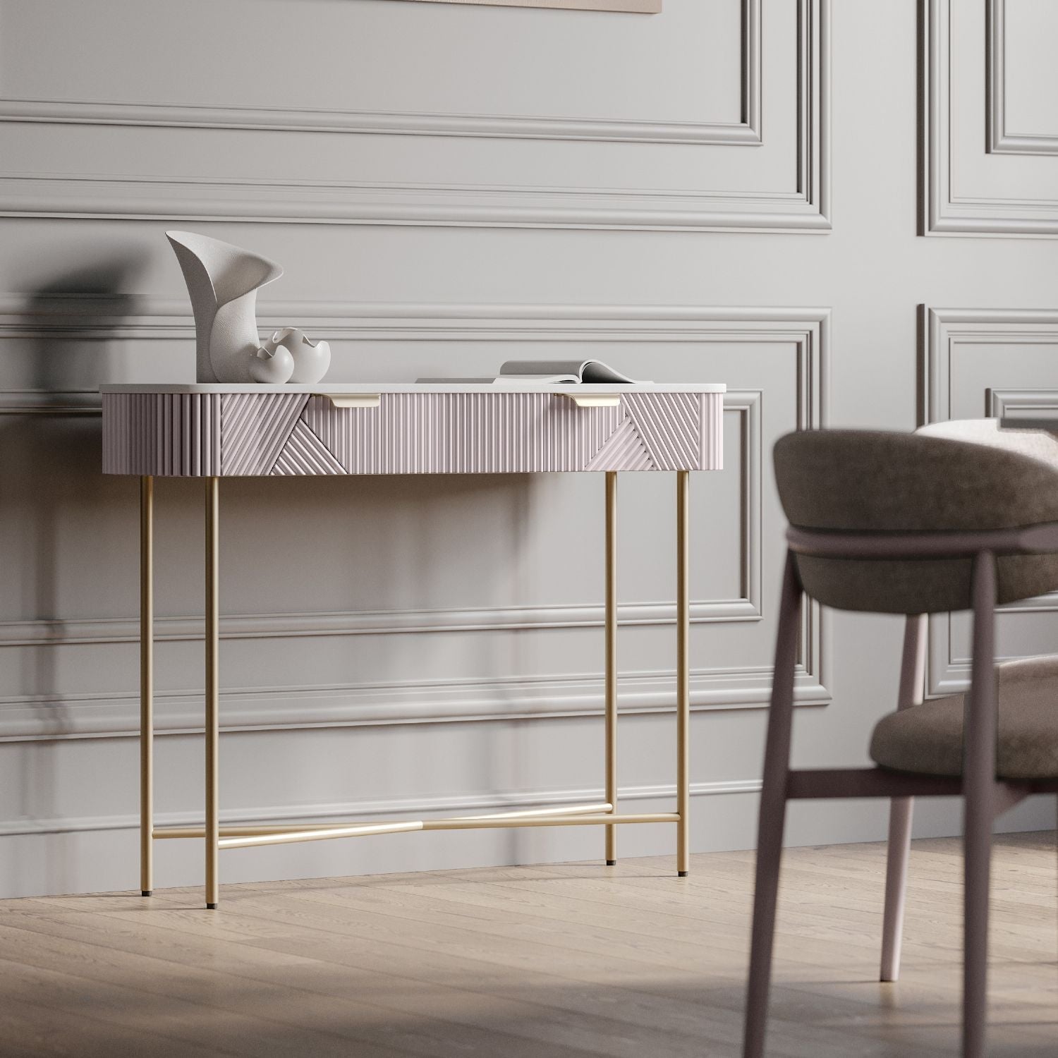 White Marble and Mango Wood 2 Drawer Console Table with Gold Metal Frame - Home Furniture Interiors
