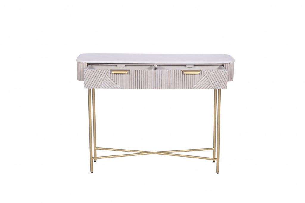 White Marble and Mango Wood 2 Drawer Console Table with Gold Metal Frame - Home Furniture Interiors
