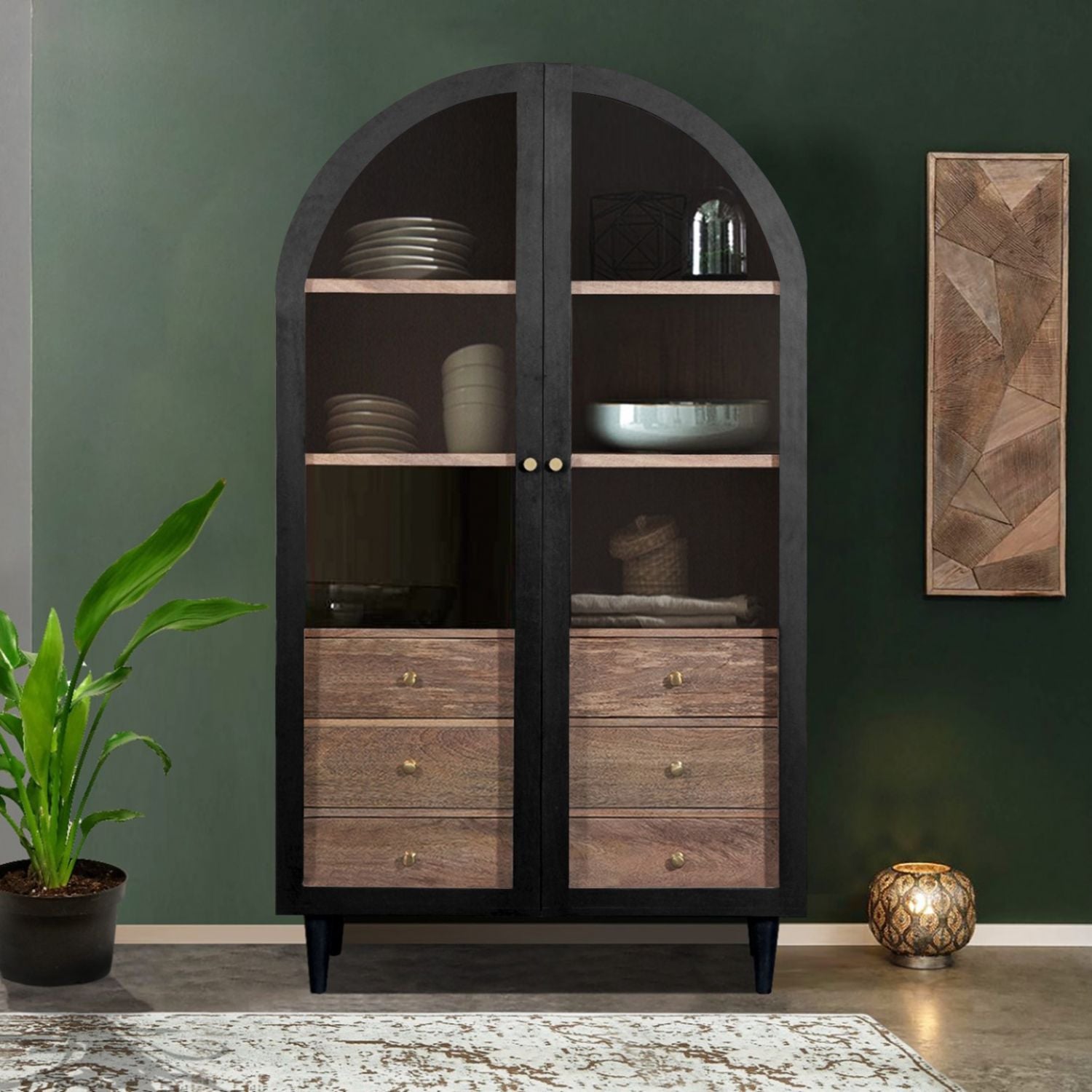 Black Mango Wood Arched 2 Door 3 Drawer Glass Display Cabinet with Shelves