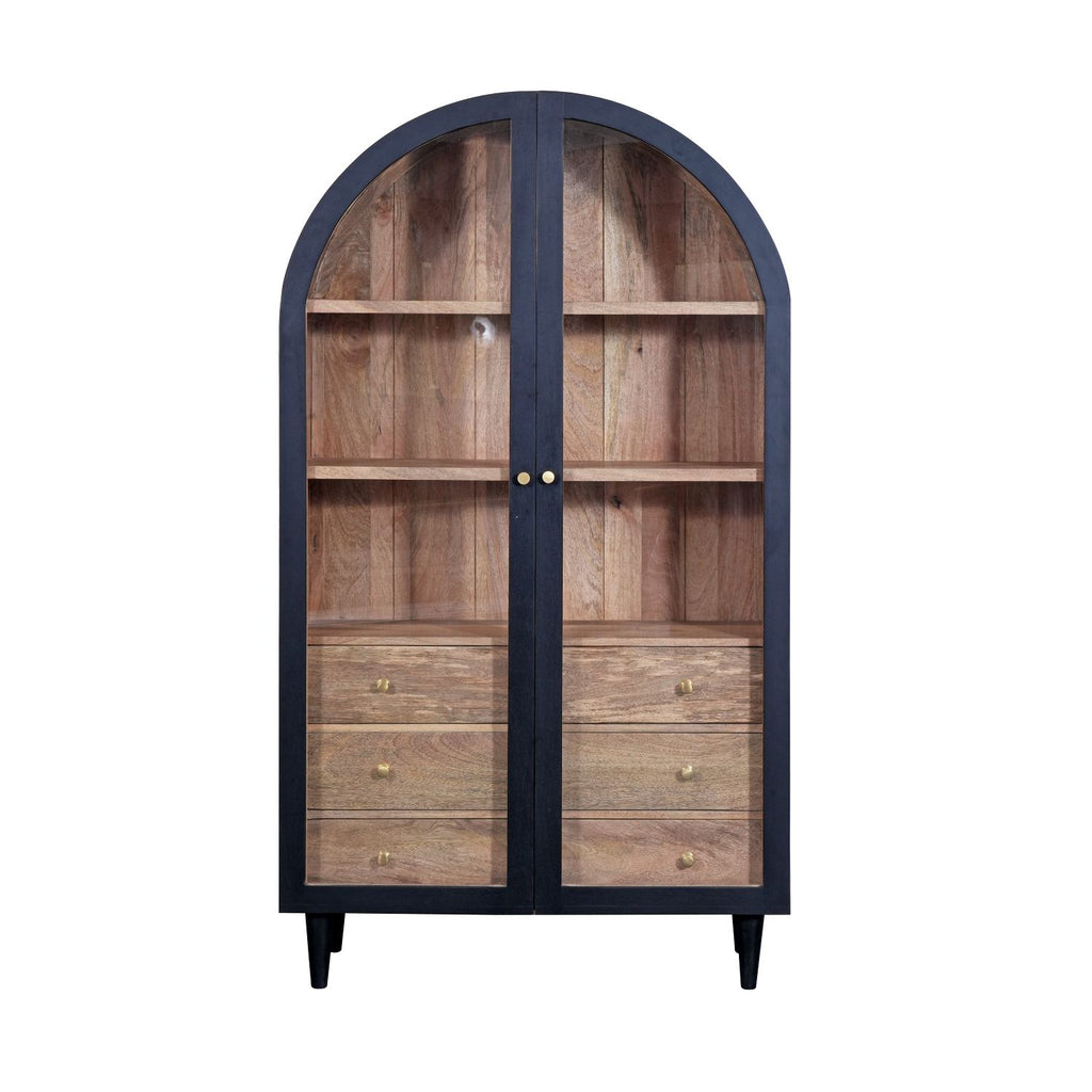 Black Mango Wood Arched 2 Door 3 Drawer Glass Display Cabinet with Shelves - Home Furniture Interiors