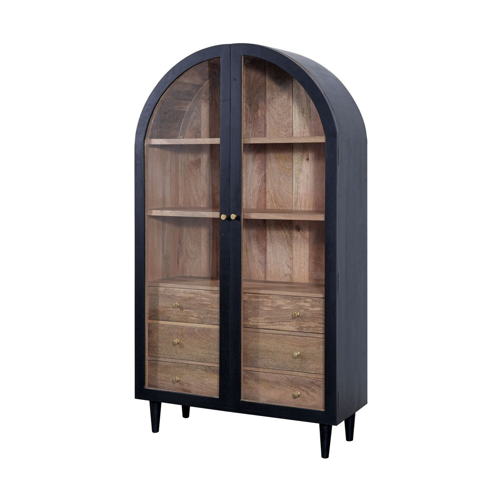 Black Mango Wood Arched 2 Door 3 Drawer Glass Display Cabinet with Shelves - Home Furniture Interiors