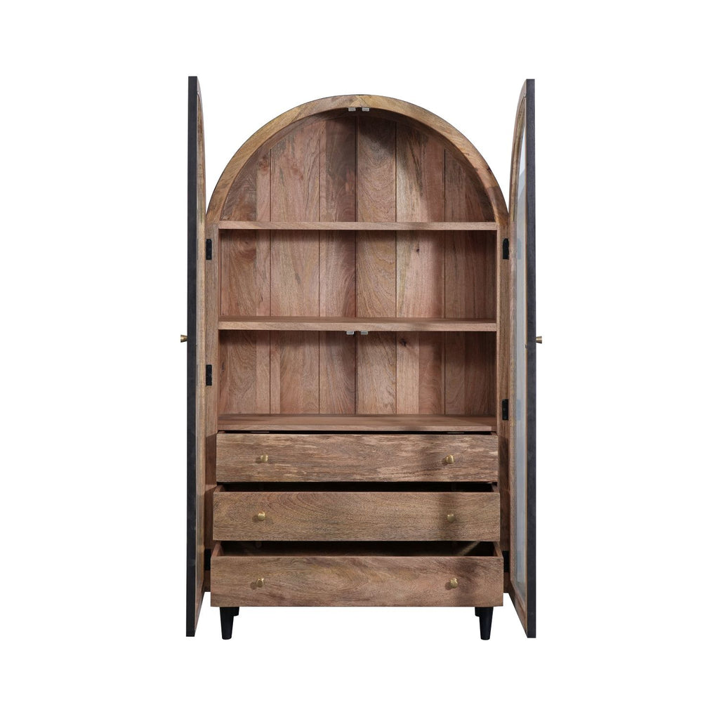 Black Mango Wood Arched 2 Door 3 Drawer Glass Display Cabinet with Shelves - Home Furniture Interiors