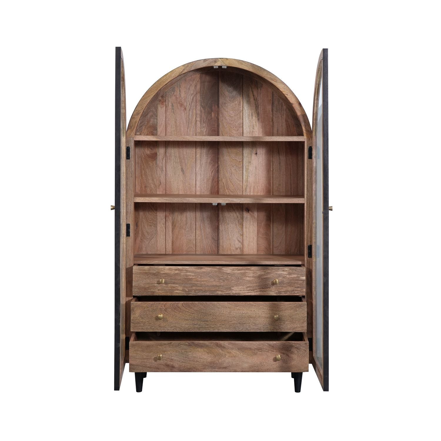 Black Mango Wood Arched 2 Door 3 Drawer Glass Display Cabinet with Shelves - Home Furniture Interiors