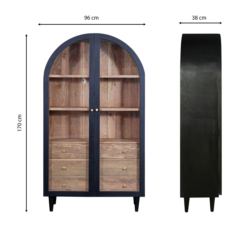 Black Mango Wood Arched 2 Door 3 Drawer Glass Display Cabinet with Shelves - Home Furniture Interiors