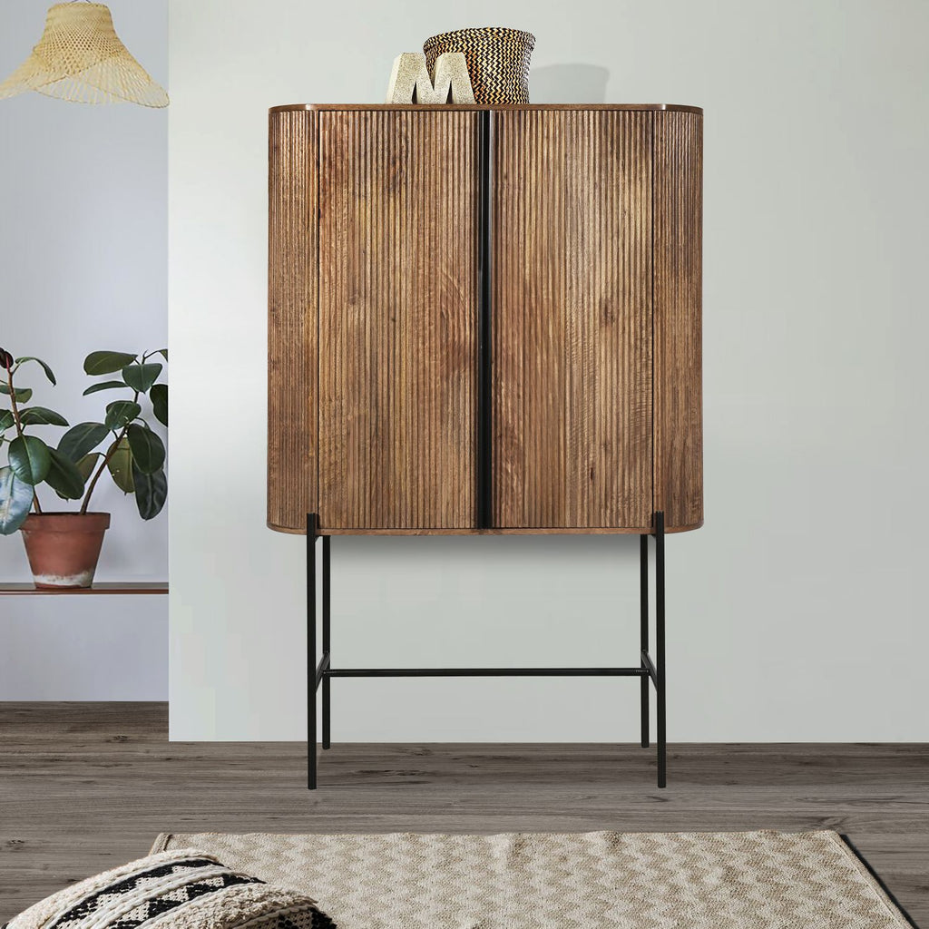 Industrial Mango Wood High Storage Cupboard with Grooved Shelves
