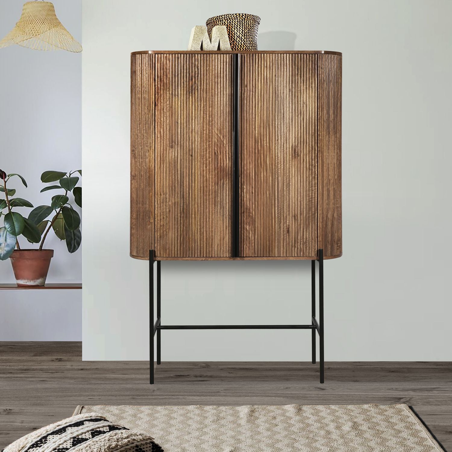 Industrial Mango Wood High Storage Cupboard with Grooved Shelves