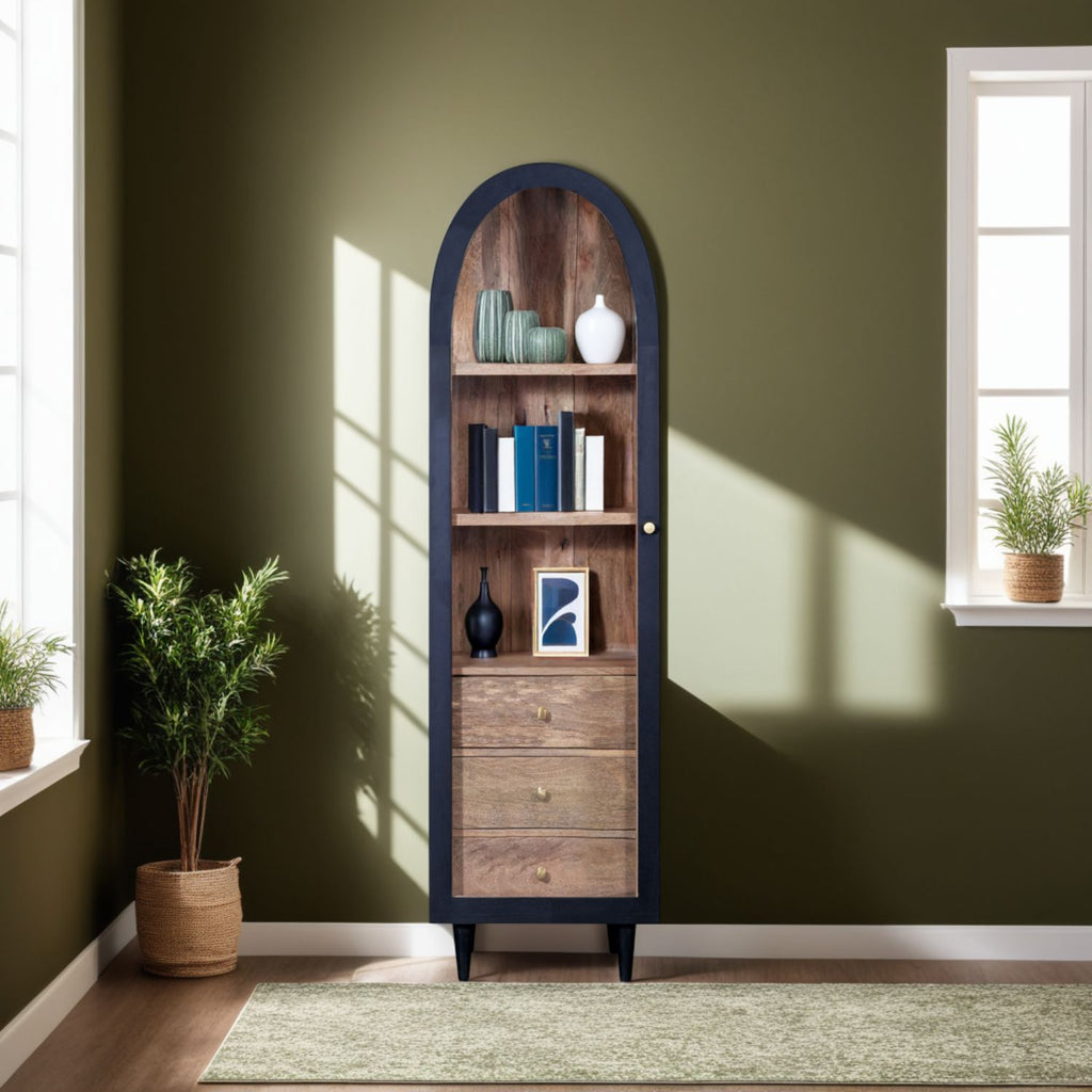 Modern Black and Natural Mango Wood 1 Door 3 Drawer Arched Cabinet
