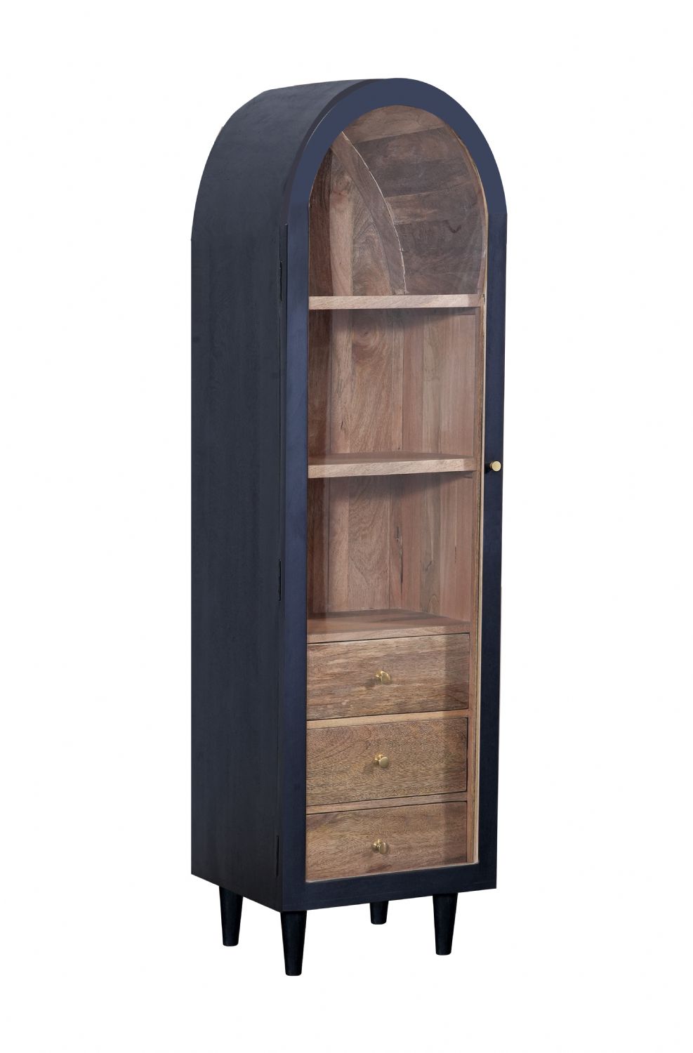 Modern Black and Natural Mango Wood 1 Door 3 Drawer Arched Cabinet - Home Furniture Interiors