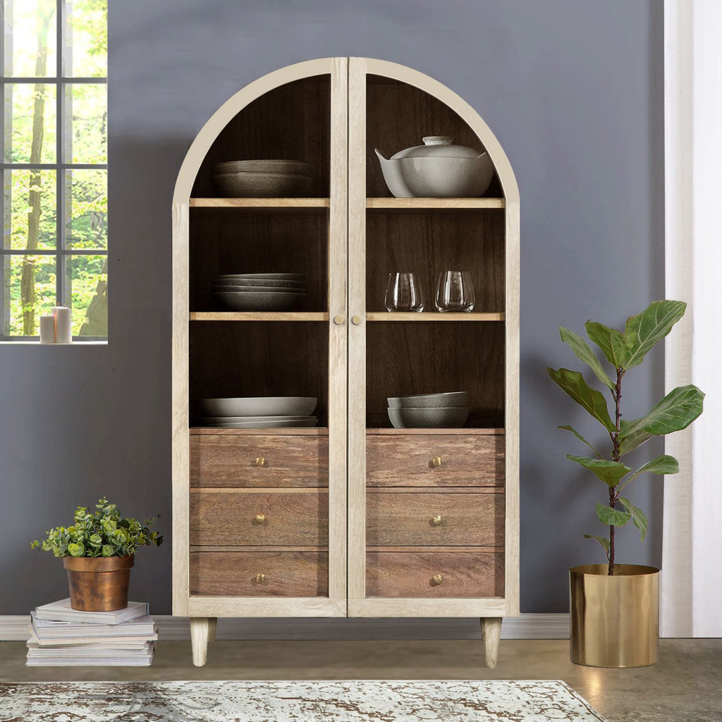 White Mango Wood Arched 2 Door 3 Drawer Glass Display Cabinet with Shelves