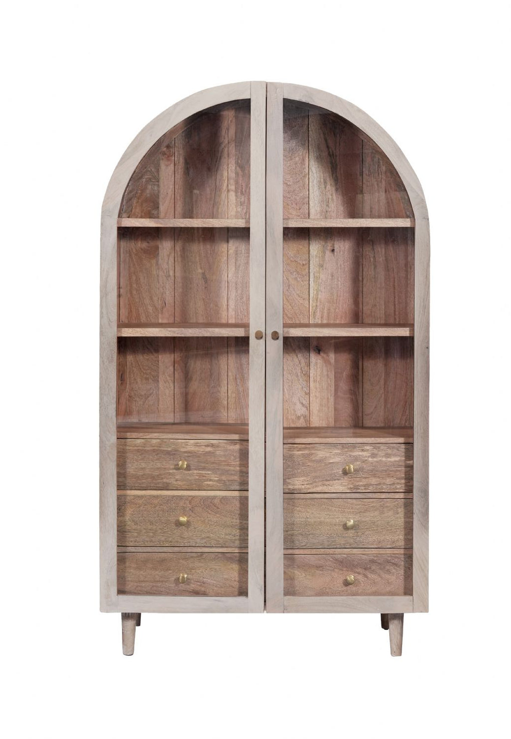 Wooden cabinet with arched top and multiple drawers on a white background
