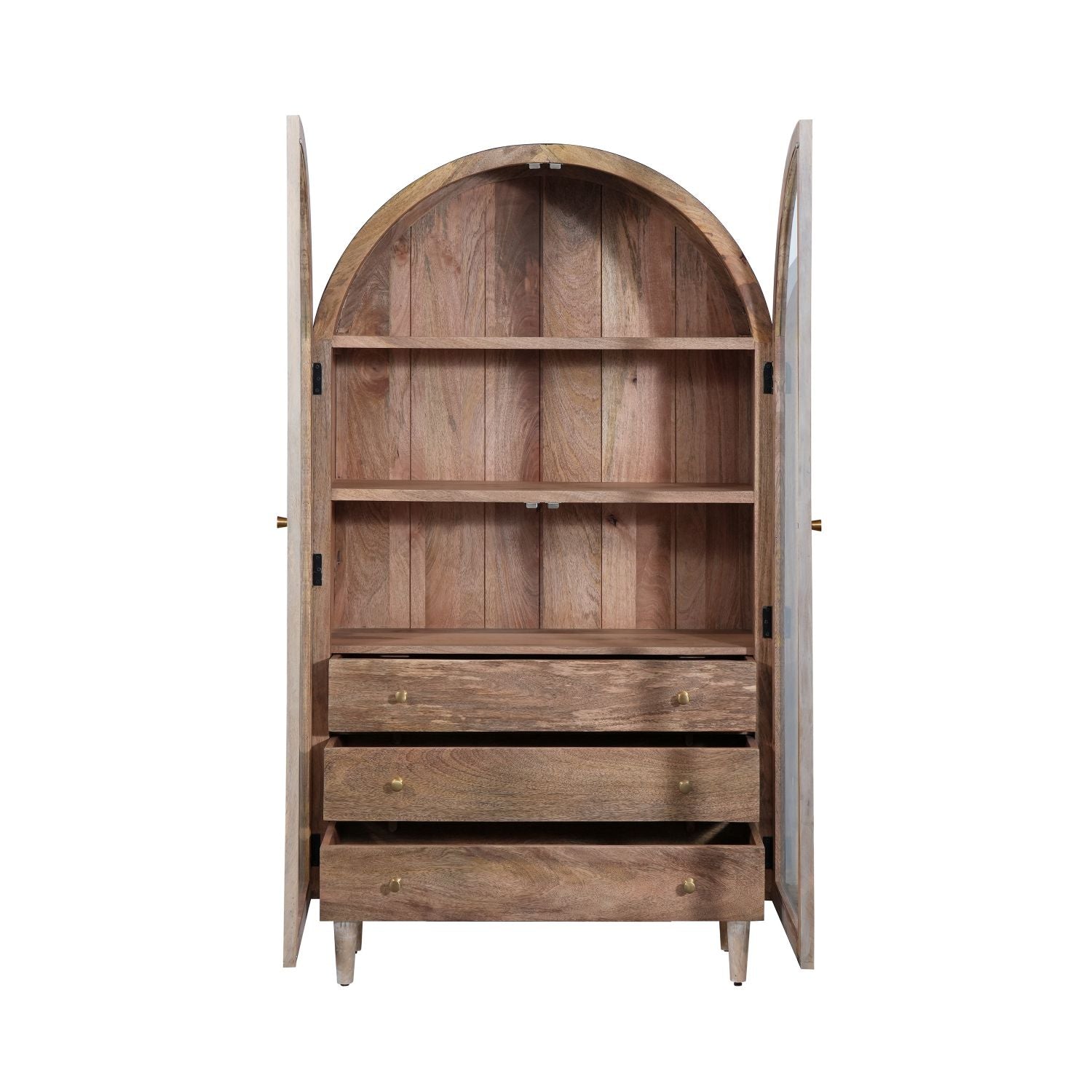 White Mango Wood Arched 2 Door 3 Drawer Glass Display Cabinet with Shelves - Home Furniture Interiors