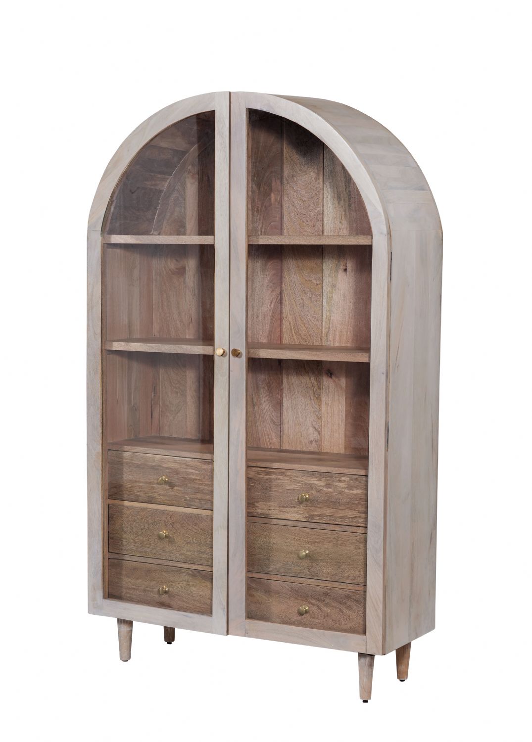 White Mango Wood Arched 2 Door 3 Drawer Glass Display Cabinet with Shelves - Home Furniture Interiors