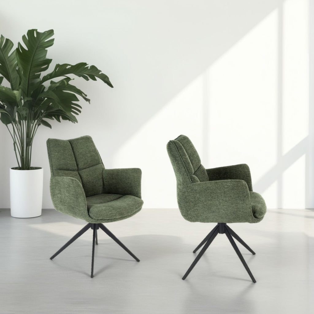 Modern Green Chenille Swivel Dining Chair with Black Metal Spider Base