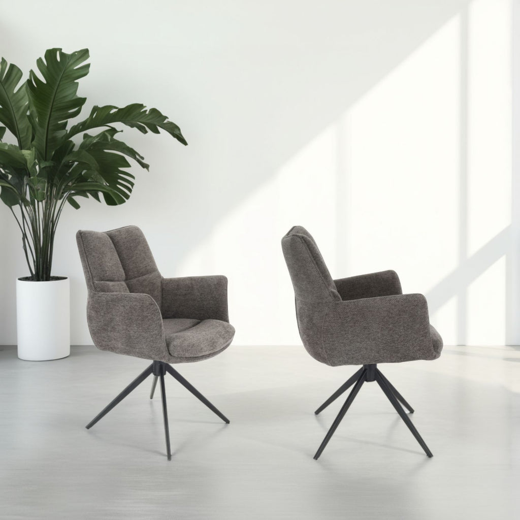 Modern Grey Chenille Swivel Dining Chair with Black Metal Spider Base