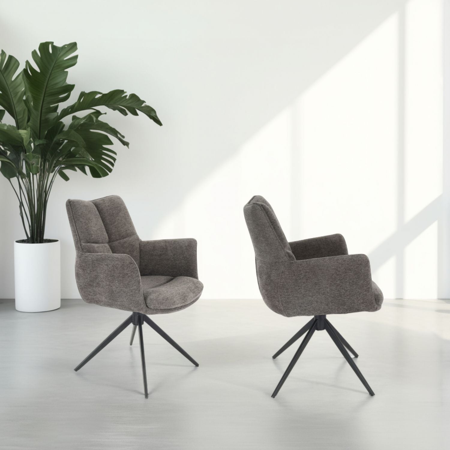 Modern Grey Chenille Swivel Dining Chair with Black Metal Spider Base