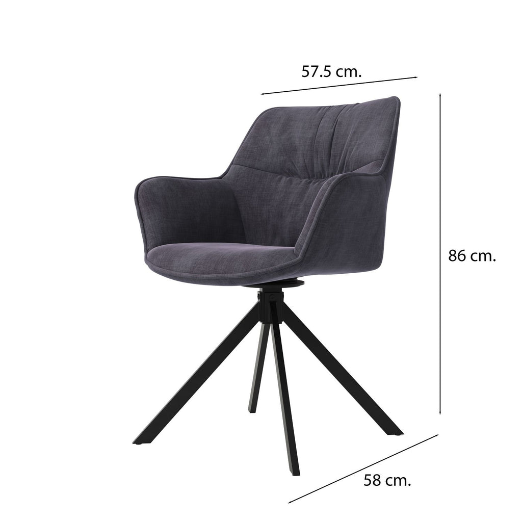 Gray armchair with black metal legs and dimensions labeled on a white background