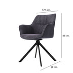 Gray armchair with black metal legs and dimensions labeled on a white background