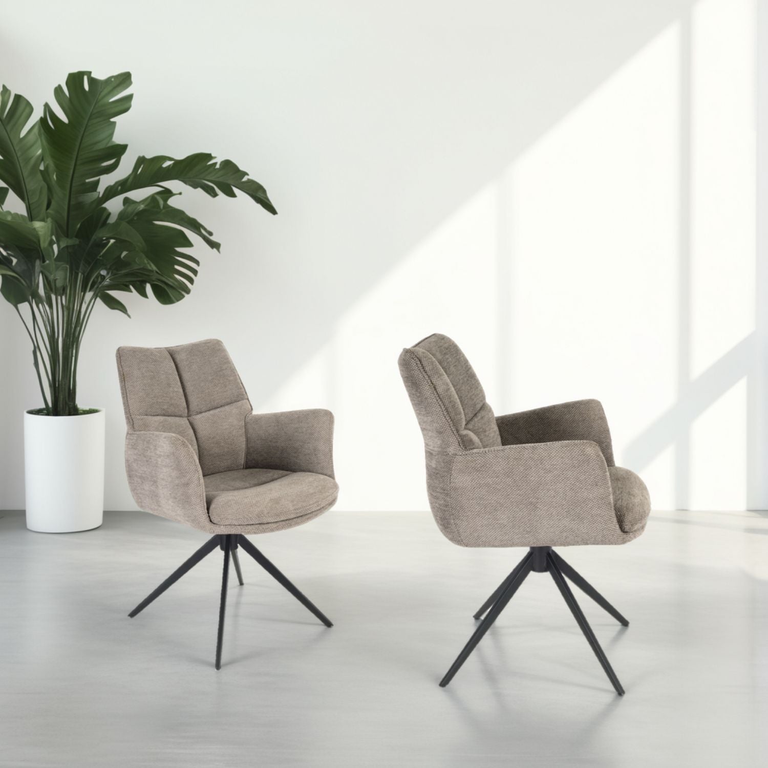 Modern Taupe Chenille Swivel Dining Chair with Black Metal Spider Base