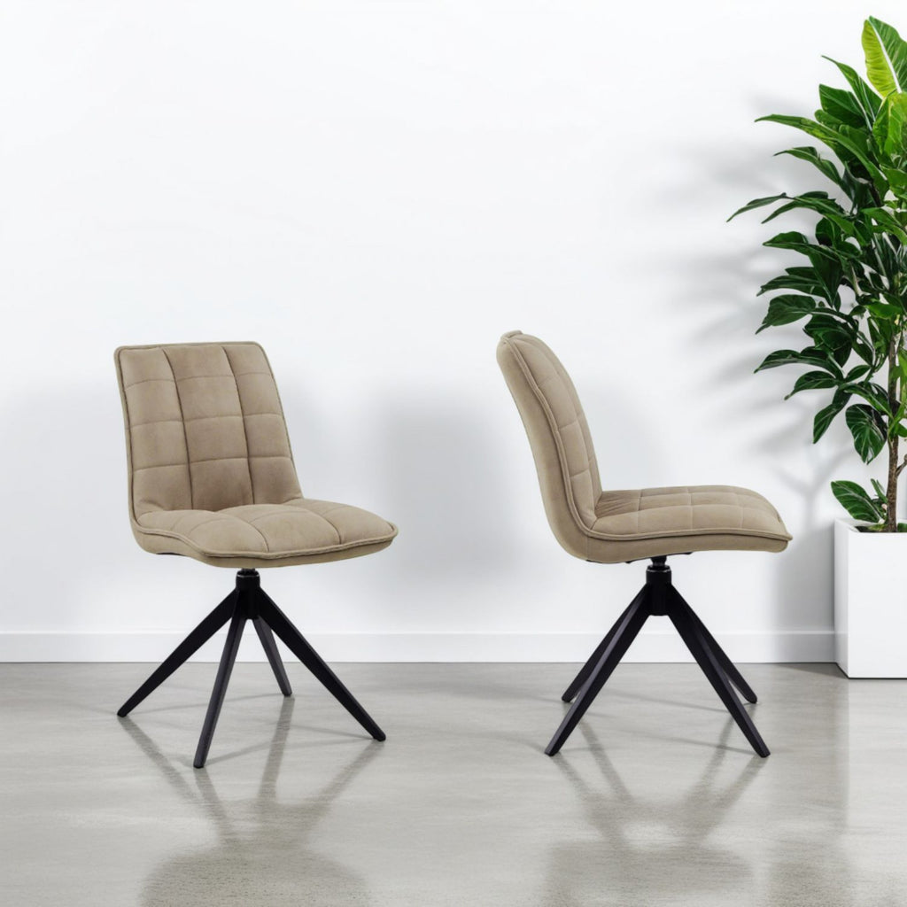 Modern Taupe Fabric Dining Chair with Quilted Seat and Black Iron Legs