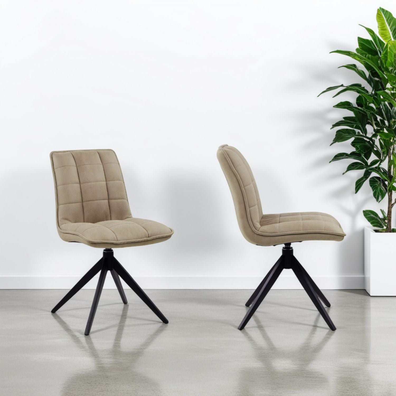 Modern Taupe Fabric Dining Chair with Quilted Seat and Black Iron Legs