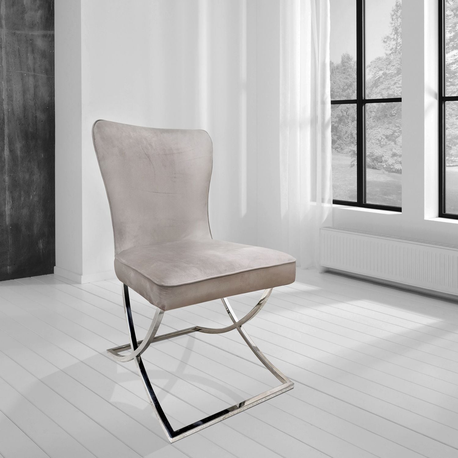 Modern Taupe Velvet Upholstered Dining Chair with Steel Cantilever Base