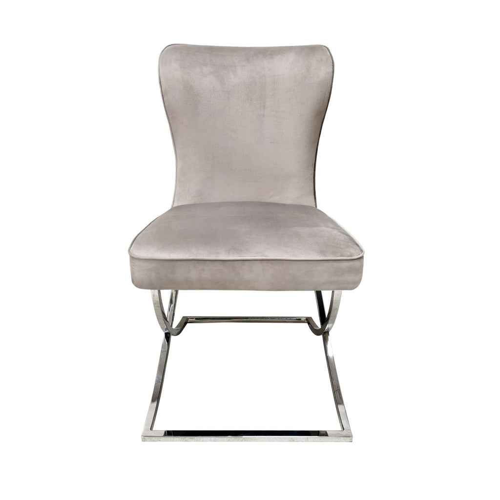 Modern Taupe Velvet Upholstered Dining Chair with Steel Cantilever Base - Home Furniture Interiors