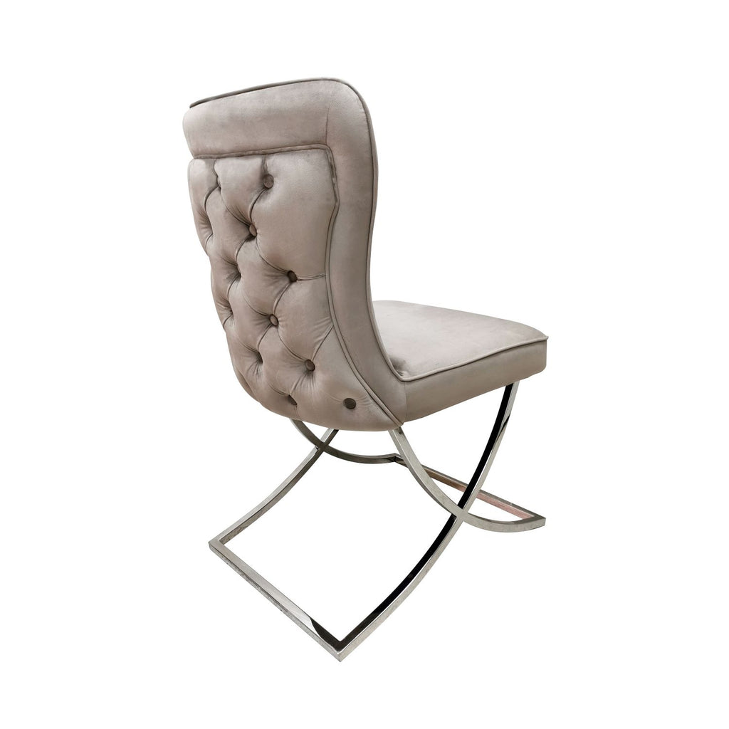 Modern Taupe Velvet Upholstered Dining Chair with Steel Cantilever Base - Home Furniture Interiors
