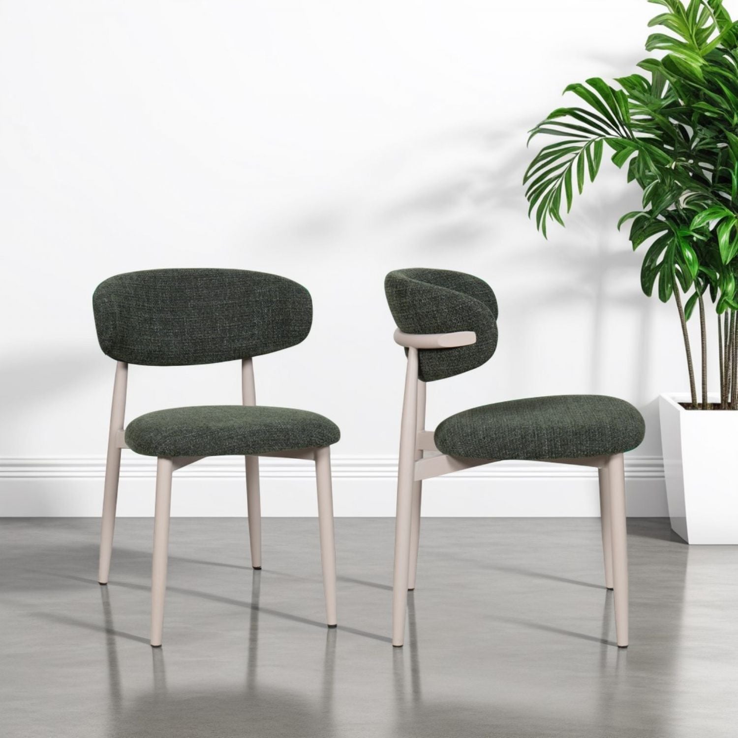 Scandi Boucle Green Curved Dining Chair with Wood Style Iron Legs