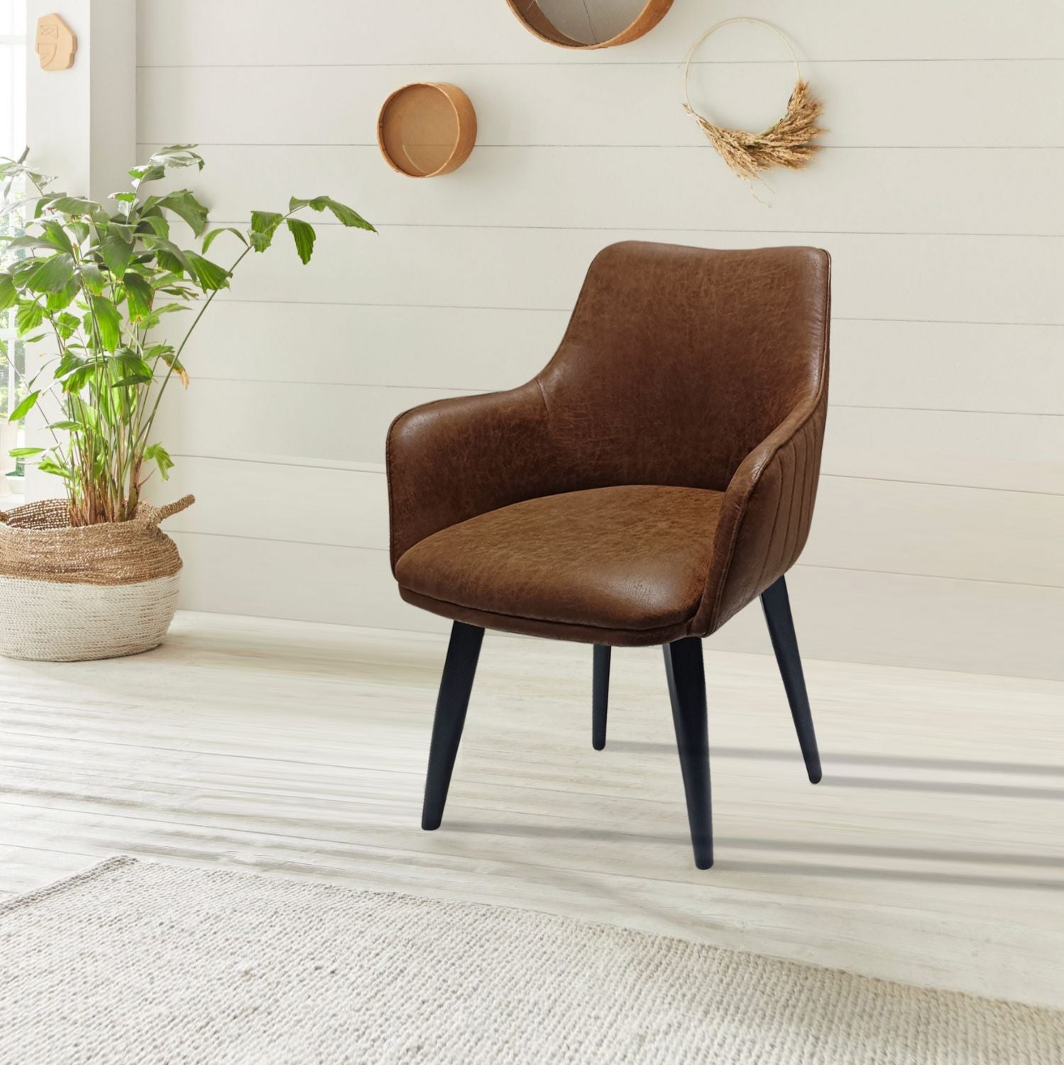 Vintage Tan PU Fabric Curved Upholstered Dining Chair with Tapered Iron Legs