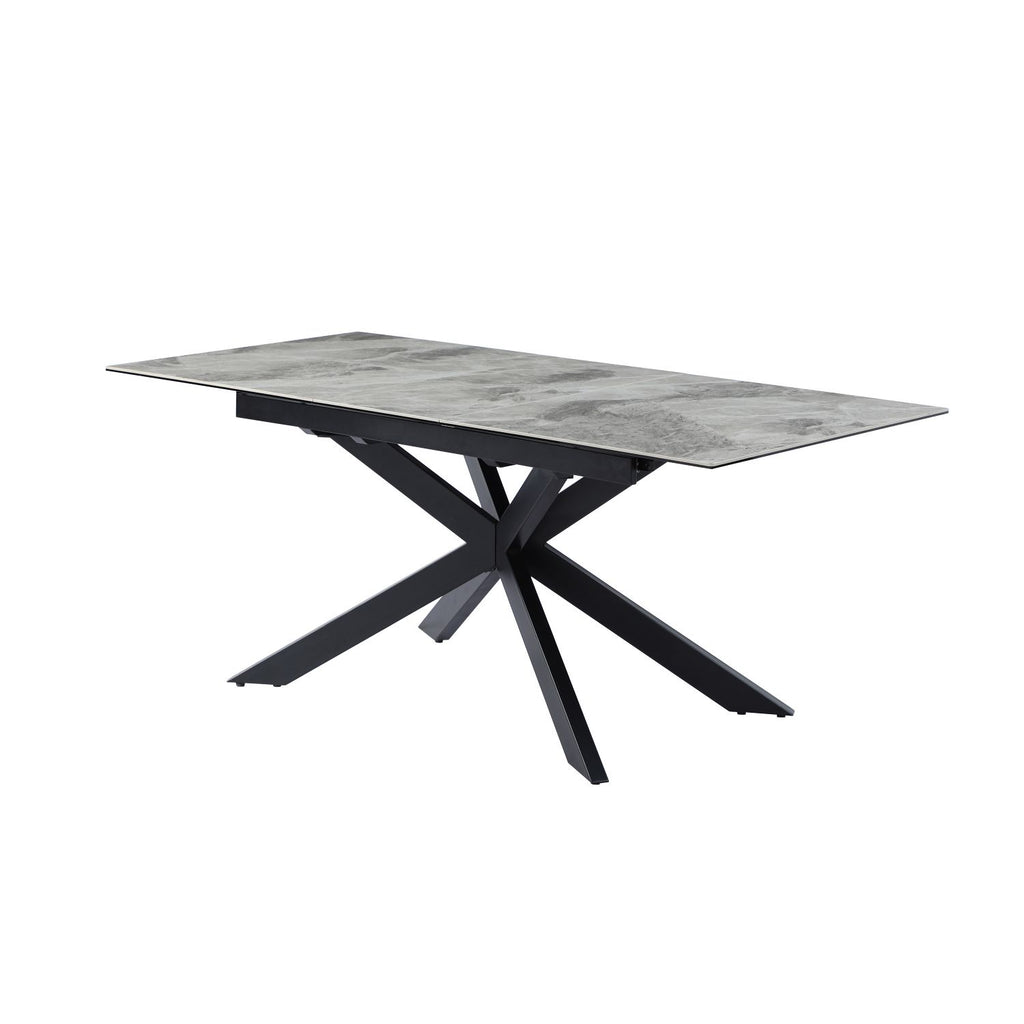 Grey Ceramic and Glass Rectangular Extending Dining Table with Black Iron Base