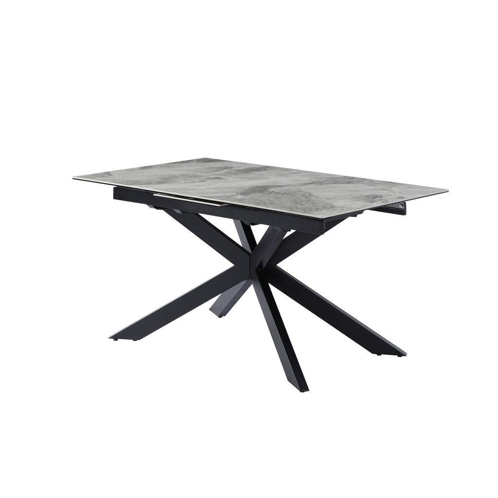 Grey Ceramic and Glass Rectangular Extending Dining Table with Black Iron Base - Home Furniture Interiors