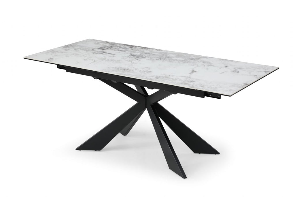 Modern White Ceramic and Glass Rectangular Extending Dining Table with Black Metal Base