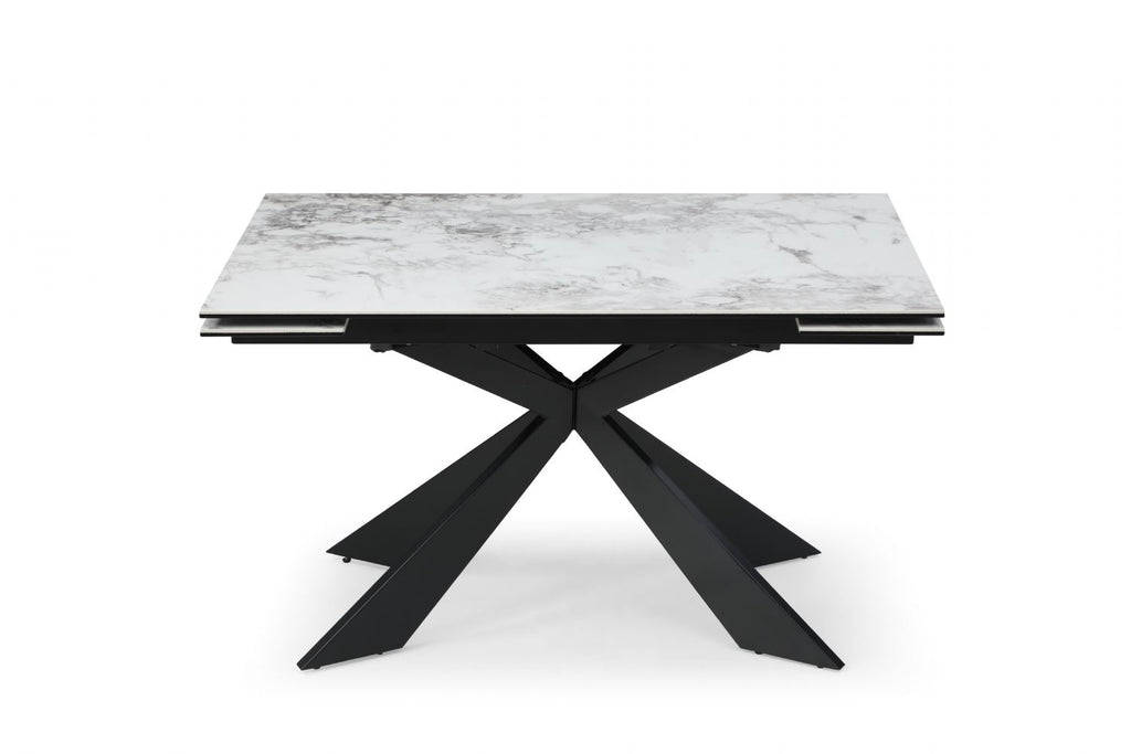 Modern White Ceramic and Glass Rectangular Extending Dining Table with Black Metal Base - Home Furniture Interiors