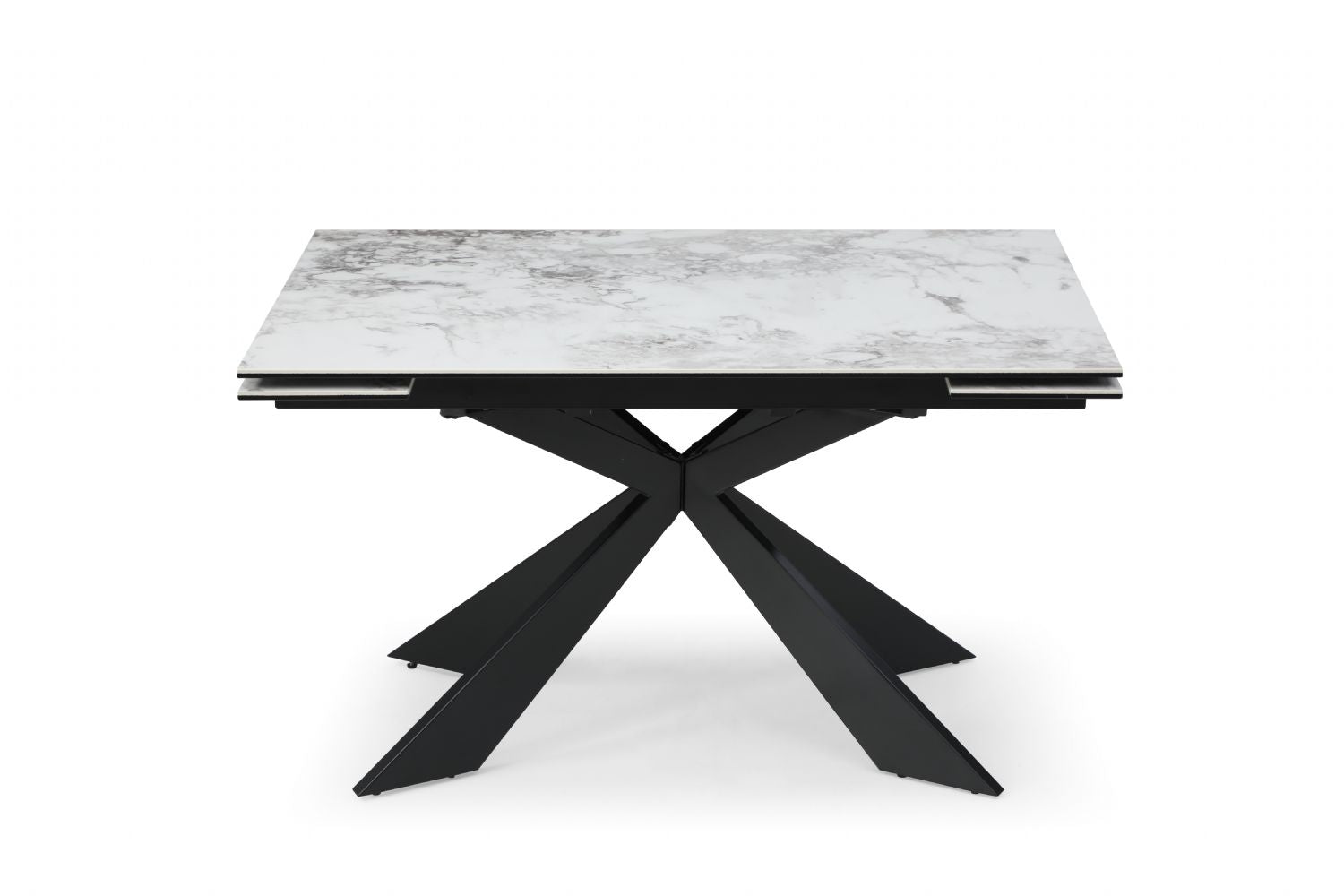 Modern White Ceramic and Glass Rectangular Extending Dining Table with Black Metal Base - Home Furniture Interiors