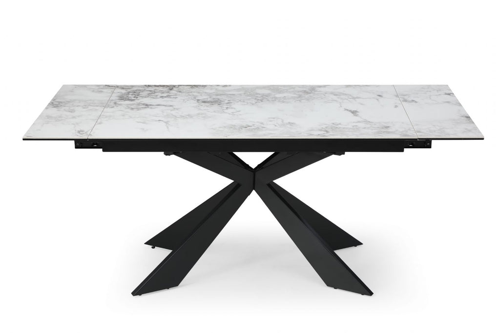 Modern White Ceramic and Glass Rectangular Extending Dining Table with Black Metal Base - Home Furniture Interiors