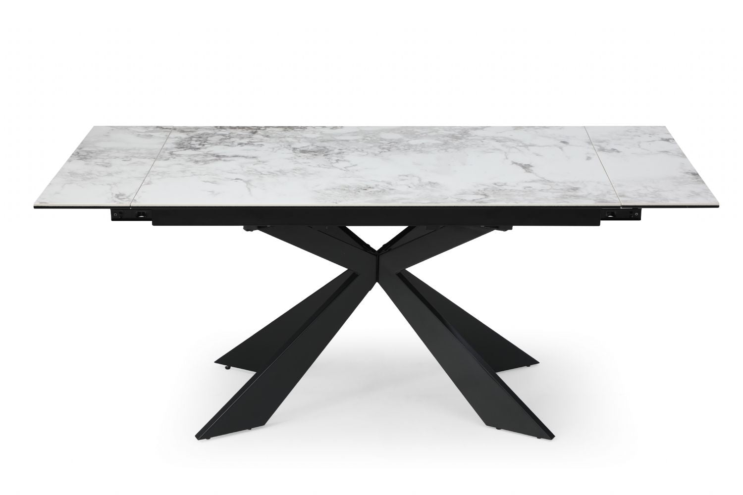 Modern White Ceramic and Glass Rectangular Extending Dining Table with Black Metal Base - Home Furniture Interiors