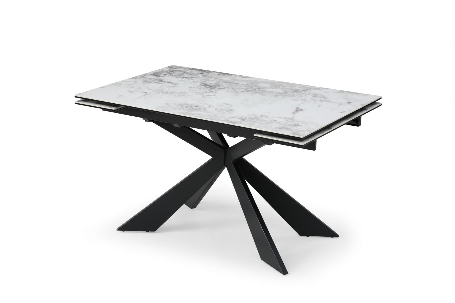 Modern White Ceramic and Glass Rectangular Extending Dining Table with Black Metal Base - Home Furniture Interiors