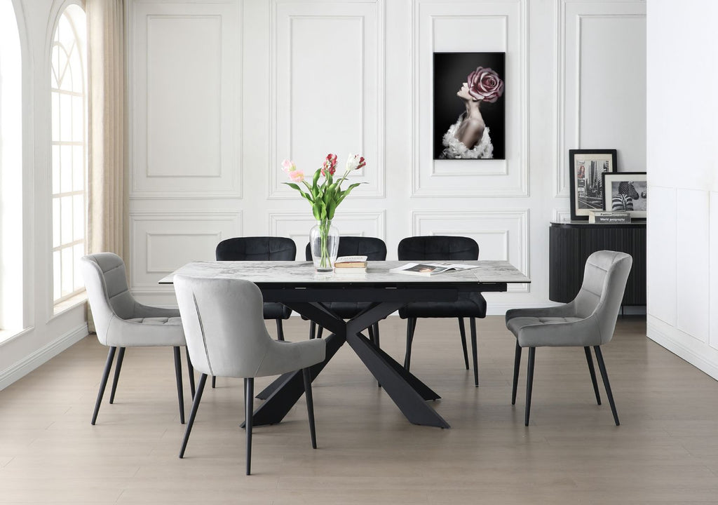 Modern White Ceramic and Glass Rectangular Extending Dining Table with Black Metal Base - Home Furniture Interiors