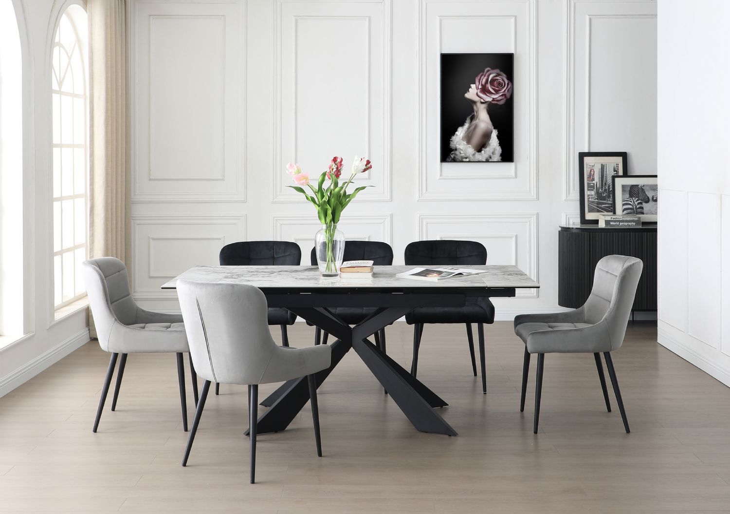 Modern White Ceramic and Glass Rectangular Extending Dining Table with Black Metal Base - Home Furniture Interiors
