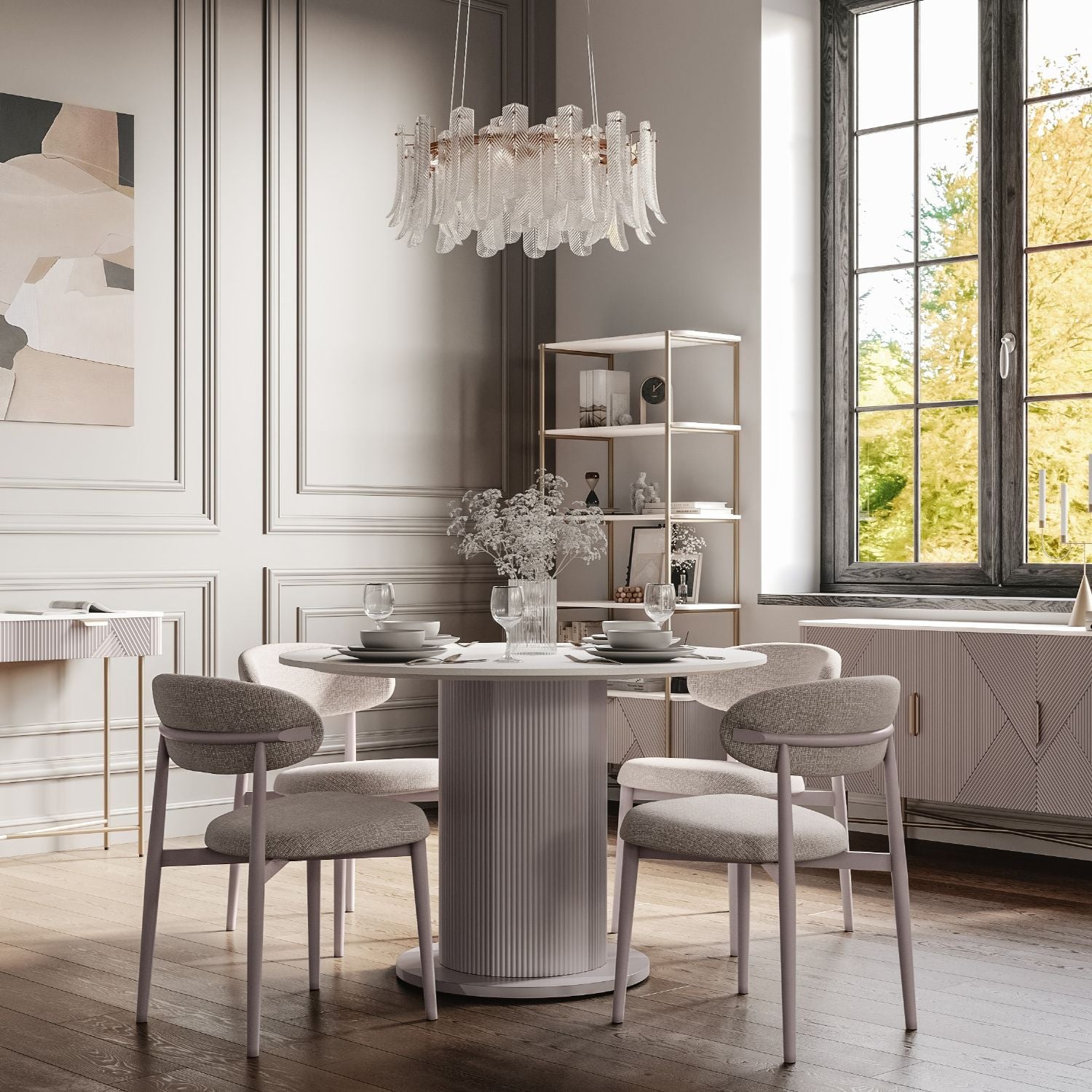 Luxury White Mango Wood and Marble Top Round 4 Seater Dining Table