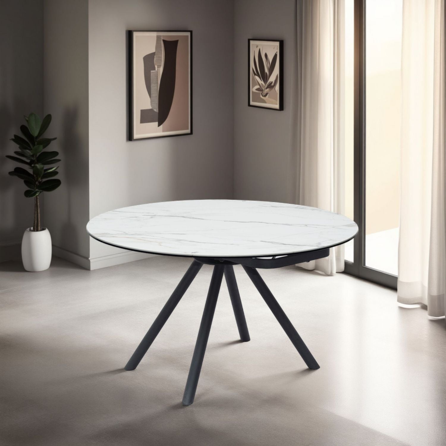 White Ceramic Round 4 Seater Dining Table with Black Brushed Iron Legs