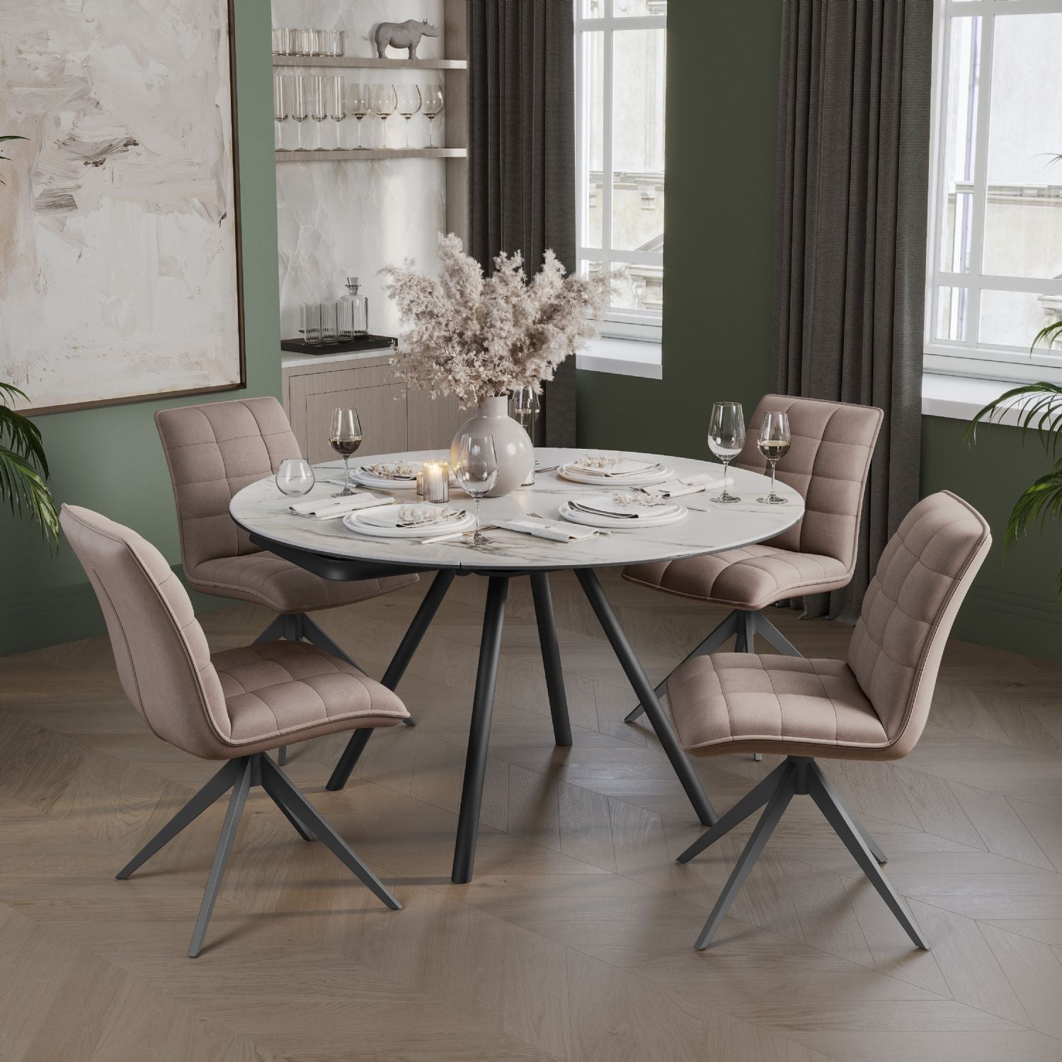 White Ceramic Round 4 Seater Dining Table with Black Brushed Iron Legs - Home Furniture Interiors