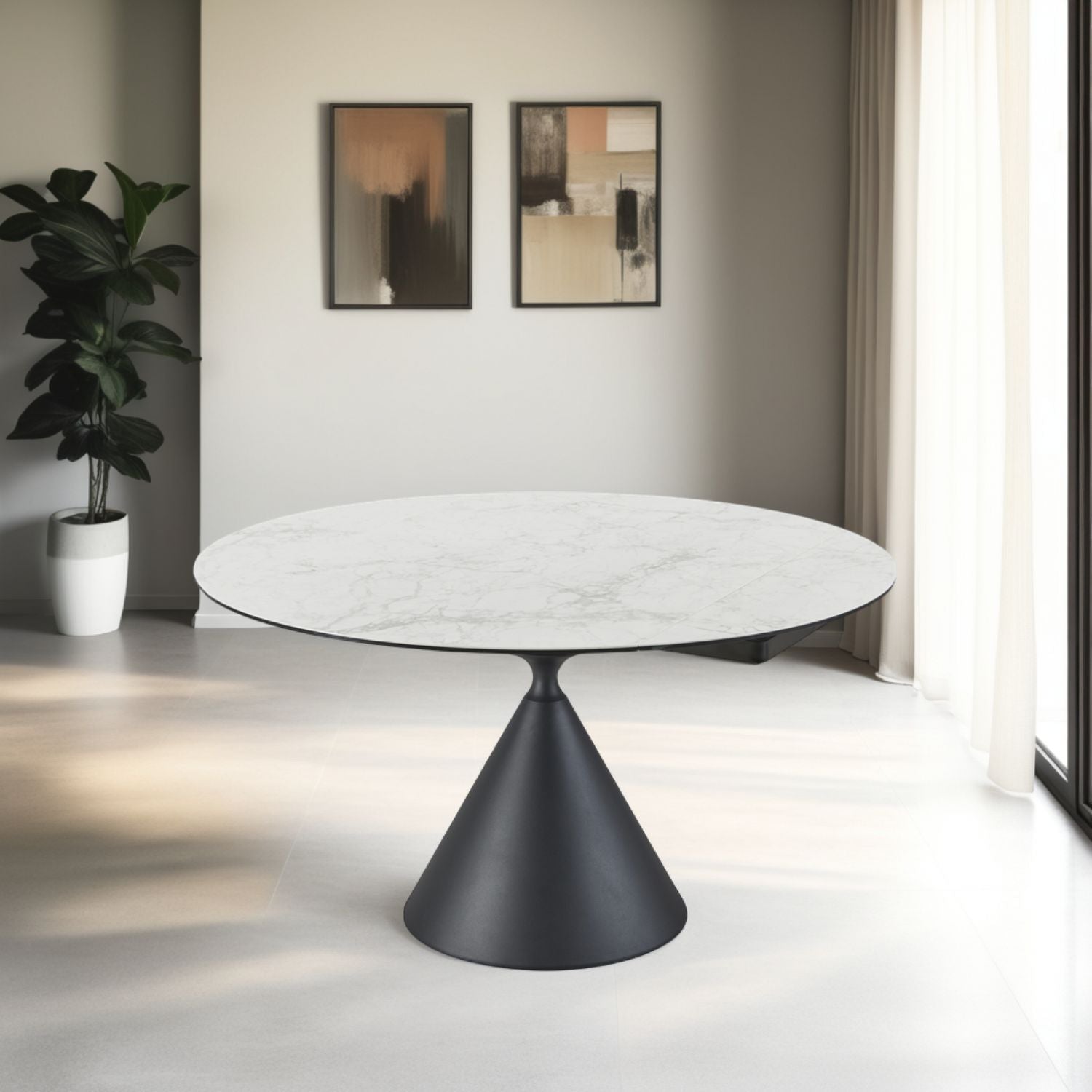 Modern White Round Ceramic 4 Seater Extending Dining Table with Black Iron Base