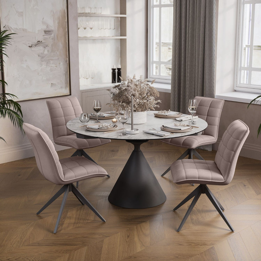 Modern White Round Ceramic 4 Seater Extending Dining Table with Black Iron Base - Home Furniture Interiors