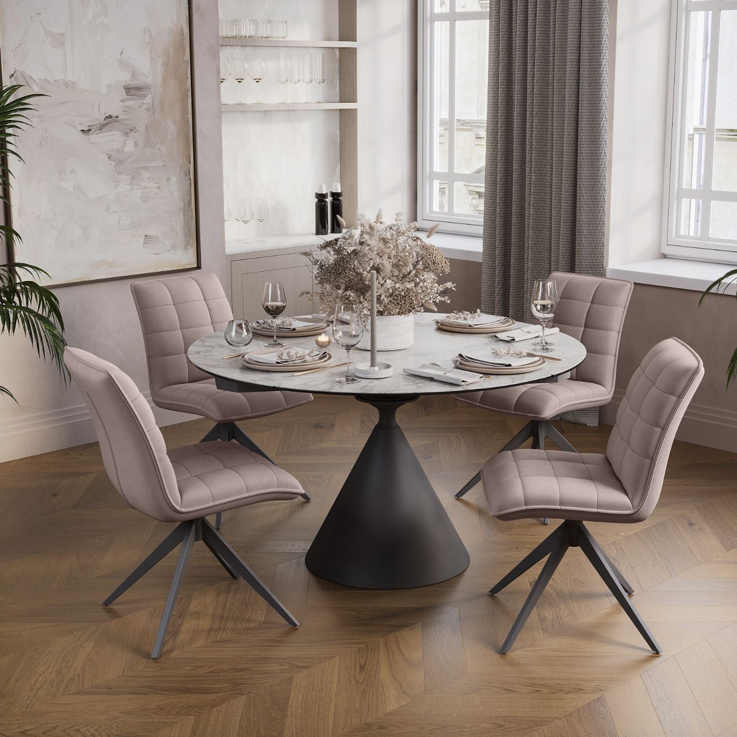 Modern White Round Ceramic 4 Seater Extending Dining Table with Black Iron Base - Home Furniture Interiors