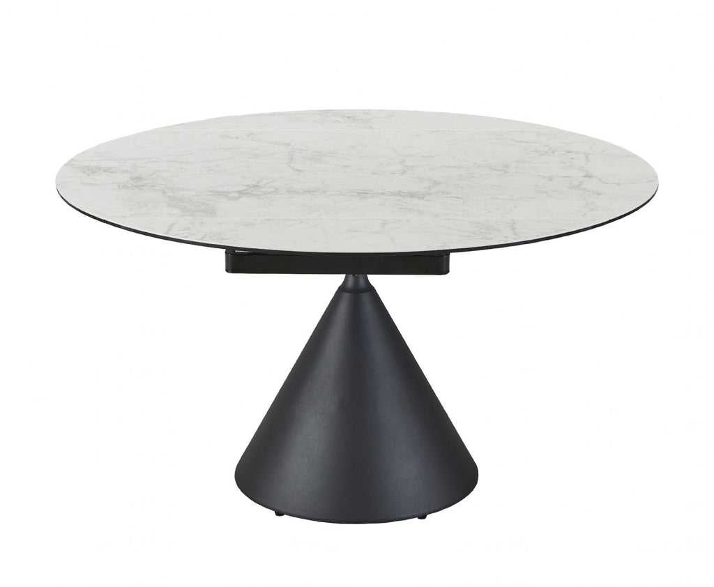 Modern White Round Ceramic 4 Seater Extending Dining Table with Black Iron Base - Home Furniture Interiors