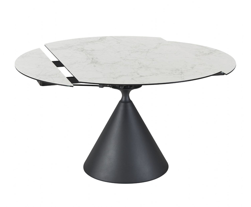 Modern White Round Ceramic 4 Seater Extending Dining Table with Black Iron Base - Home Furniture Interiors
