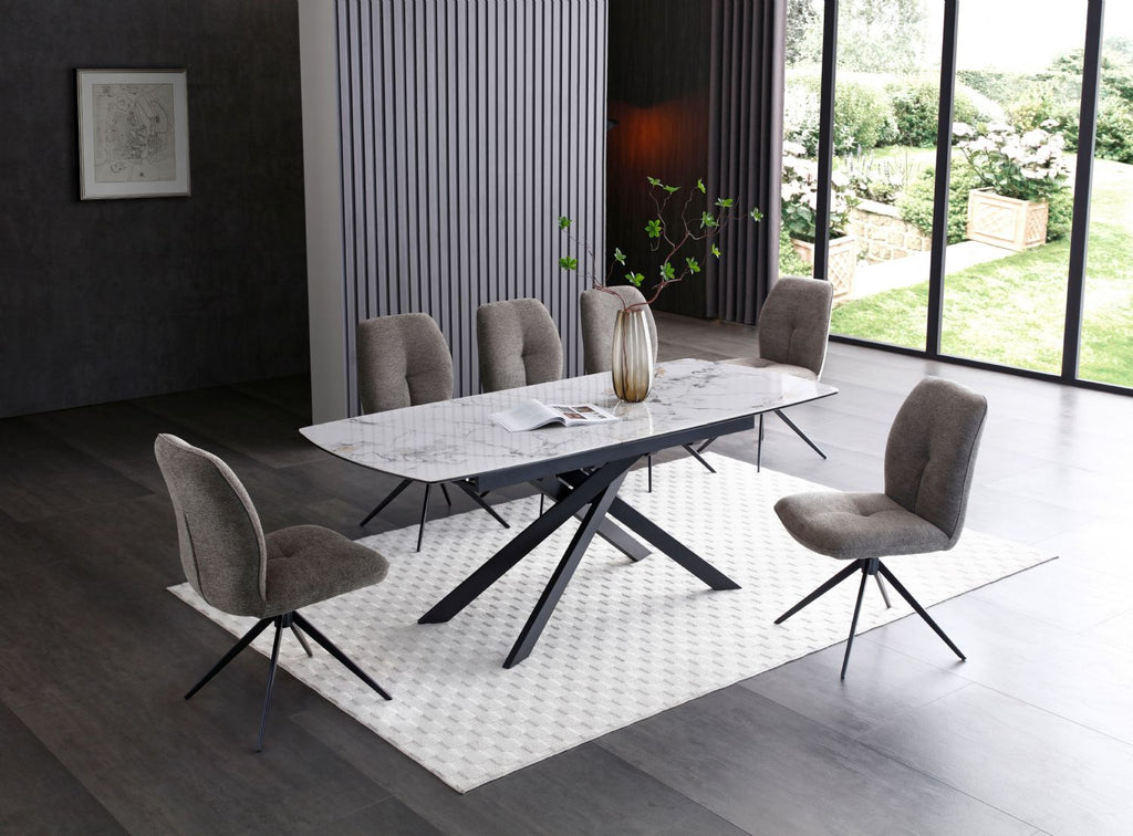 Modern White Ceramic Top Rectangular Extending 6 to 8 Seater Dining Table - Home Furniture Interiors