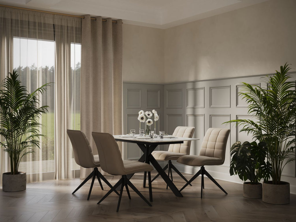 Modern White Ceramic Top Rectangular 4 Seater Dining Table with Black Iron Legs